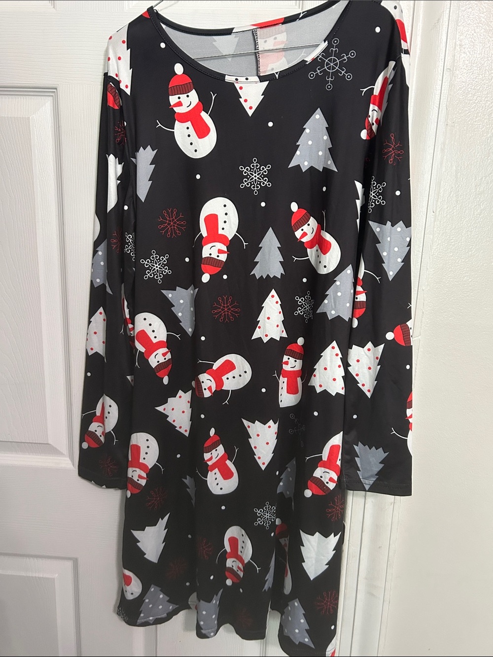 Black Snowman Print Midi Dress with Red Accents